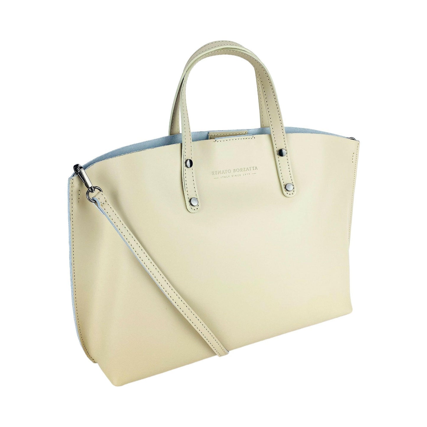 RB1024AL | Women's handbag in genuine leather Made in Italy with removable shoulder strap. Large internal removable bag. Polished gunmetal accessories - Beige color - Dimensions: 48x31x11 cm-0