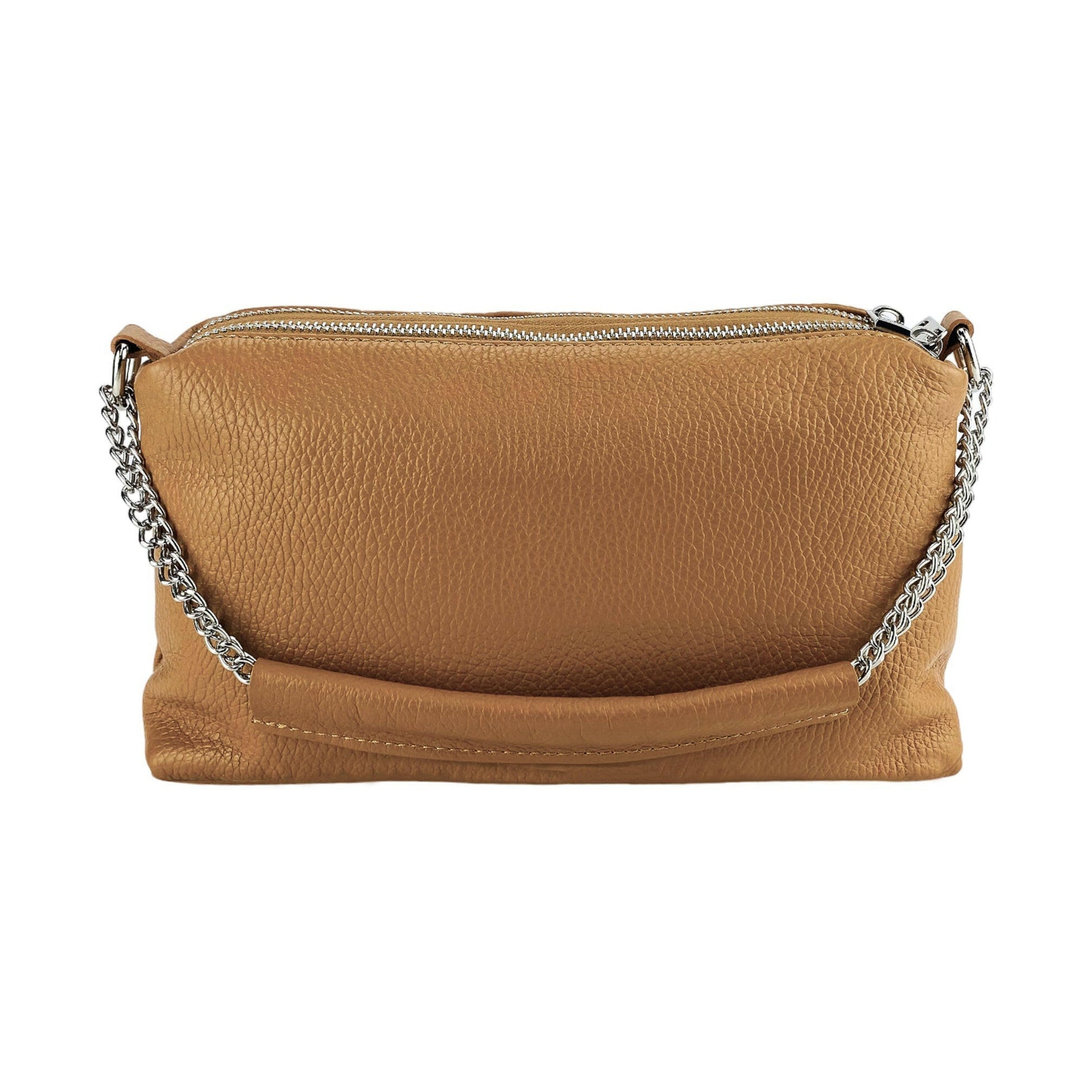 RB1025S | Women's handbag with double zip in Genuine Leather Made in Italy. Adjustable leather shoulder strap. Accessories Polished Nickel - Cognac color - Dimensions: 26 x 14 x 9 cm-4