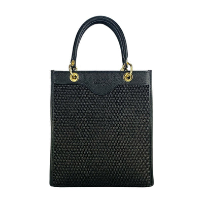 RB1026A | Vertical women's handbag in genuine leather and straw Made in Italy. Removable and adjustable leather shoulder strap. Polished Gold Accessories - Black Color - Dimensions: 24 x 29 x 9 cm-1