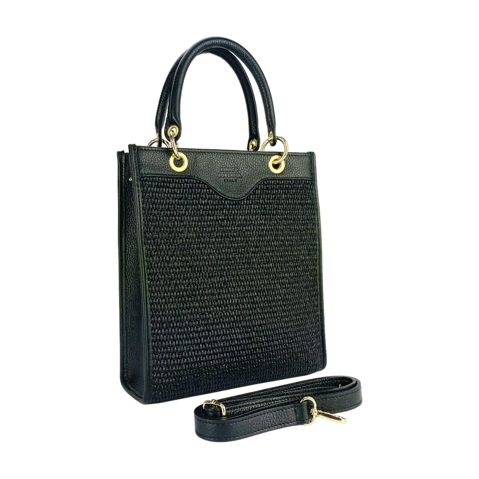 RB1026A | Vertical women's handbag in genuine leather and straw Made in Italy. Removable and adjustable leather shoulder strap. Polished Gold Accessories - Black Color - Dimensions: 24 x 29 x 9 cm-2