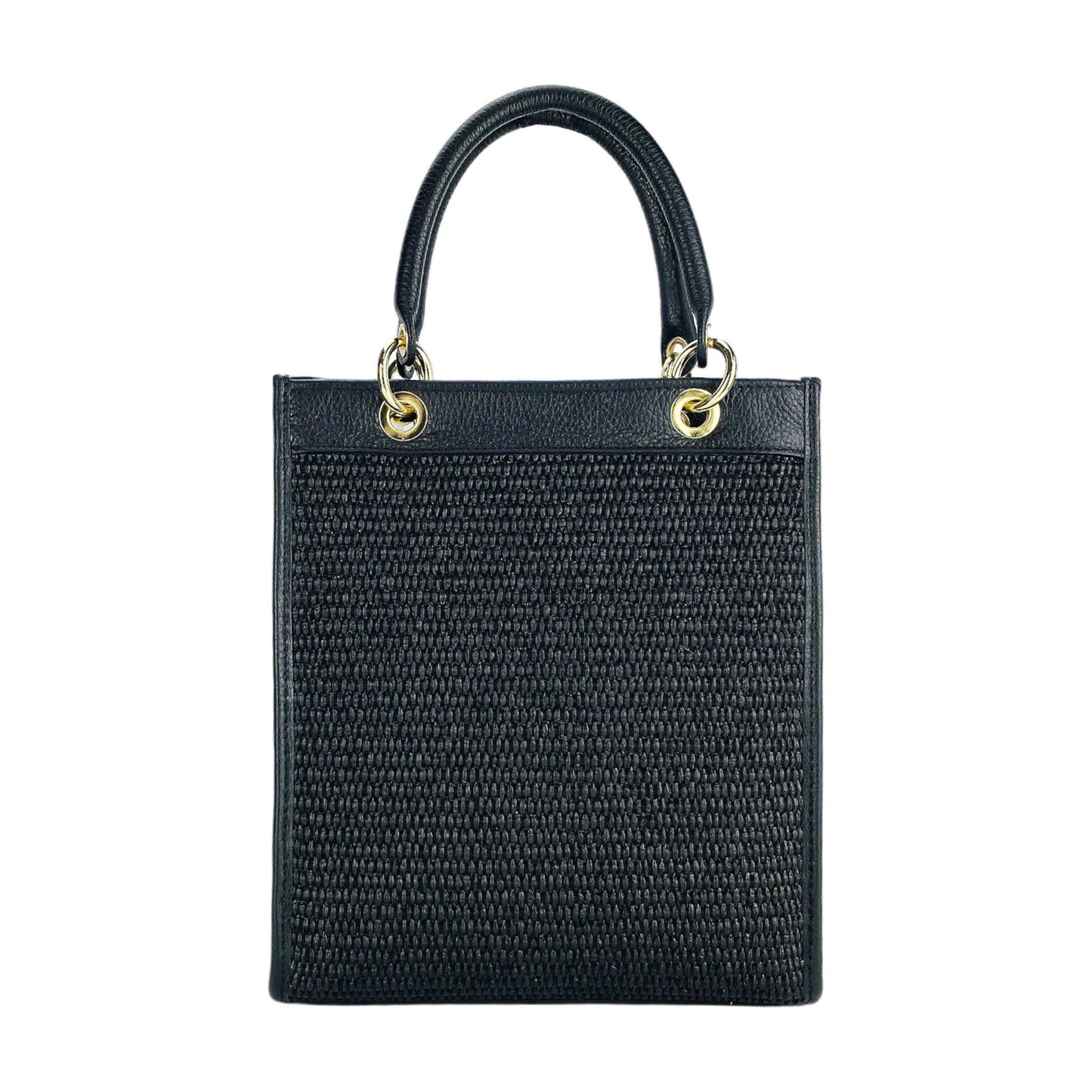 RB1026A | Vertical women's handbag in genuine leather and straw Made in Italy. Removable and adjustable leather shoulder strap. Polished Gold Accessories - Black Color - Dimensions: 24 x 29 x 9 cm-4