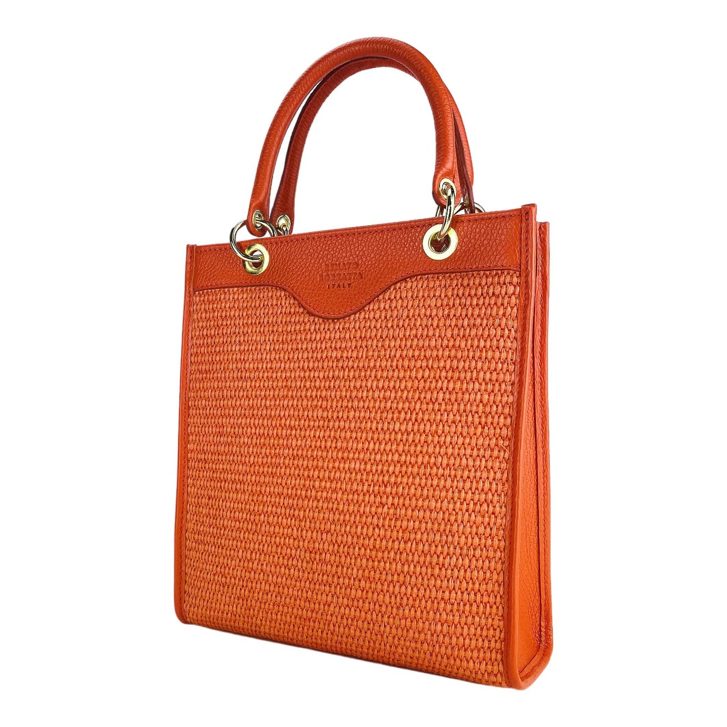 RB1026BM | Vertical women's handbag in genuine leather and straw Made in Italy. Removable and adjustable leather shoulder strap. Polished Gold Accessories - Coral Color - Dimensions: 24 x 29 x 9 cm-0