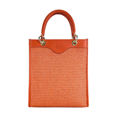 RB1026BM | Vertical women's handbag in genuine leather and straw Made in Italy. Removable and adjustable leather shoulder strap. Polished Gold Accessories - Coral Color - Dimensions: 24 x 29 x 9 cm-1