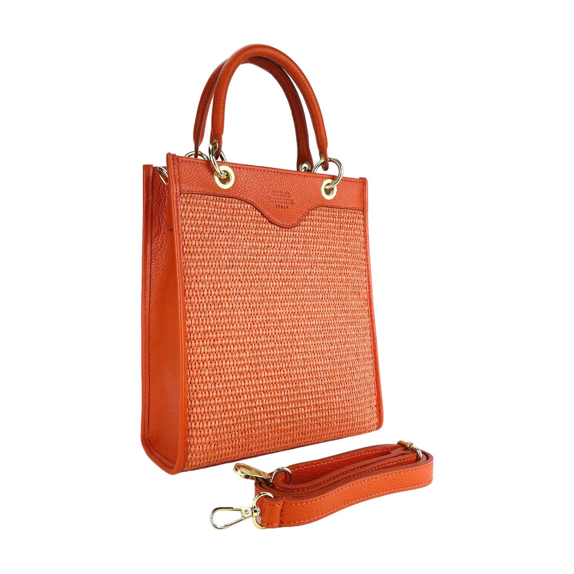 RB1026BM | Vertical women's handbag in genuine leather and straw Made in Italy. Removable and adjustable leather shoulder strap. Polished Gold Accessories - Coral Color - Dimensions: 24 x 29 x 9 cm-2