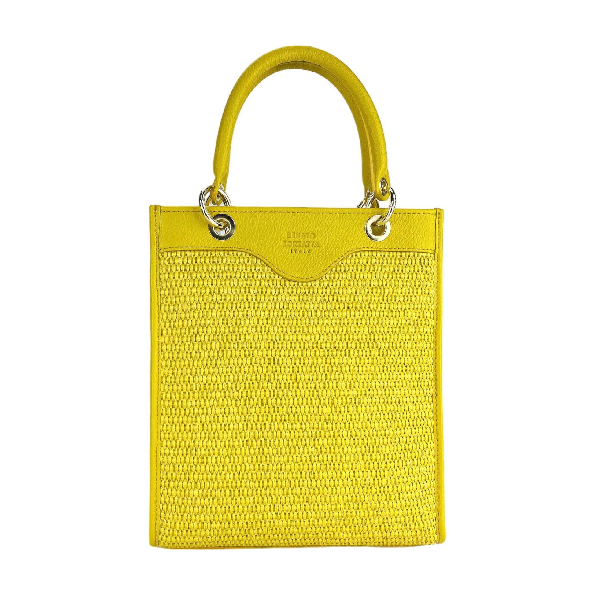 RB1026R | Vertical women's handbag in genuine leather and straw Made in Italy. Removable and adjustable leather shoulder strap. Polished Gold Accessories - Yellow Color - Dimensions: 24 x 29 x 9 cm-1