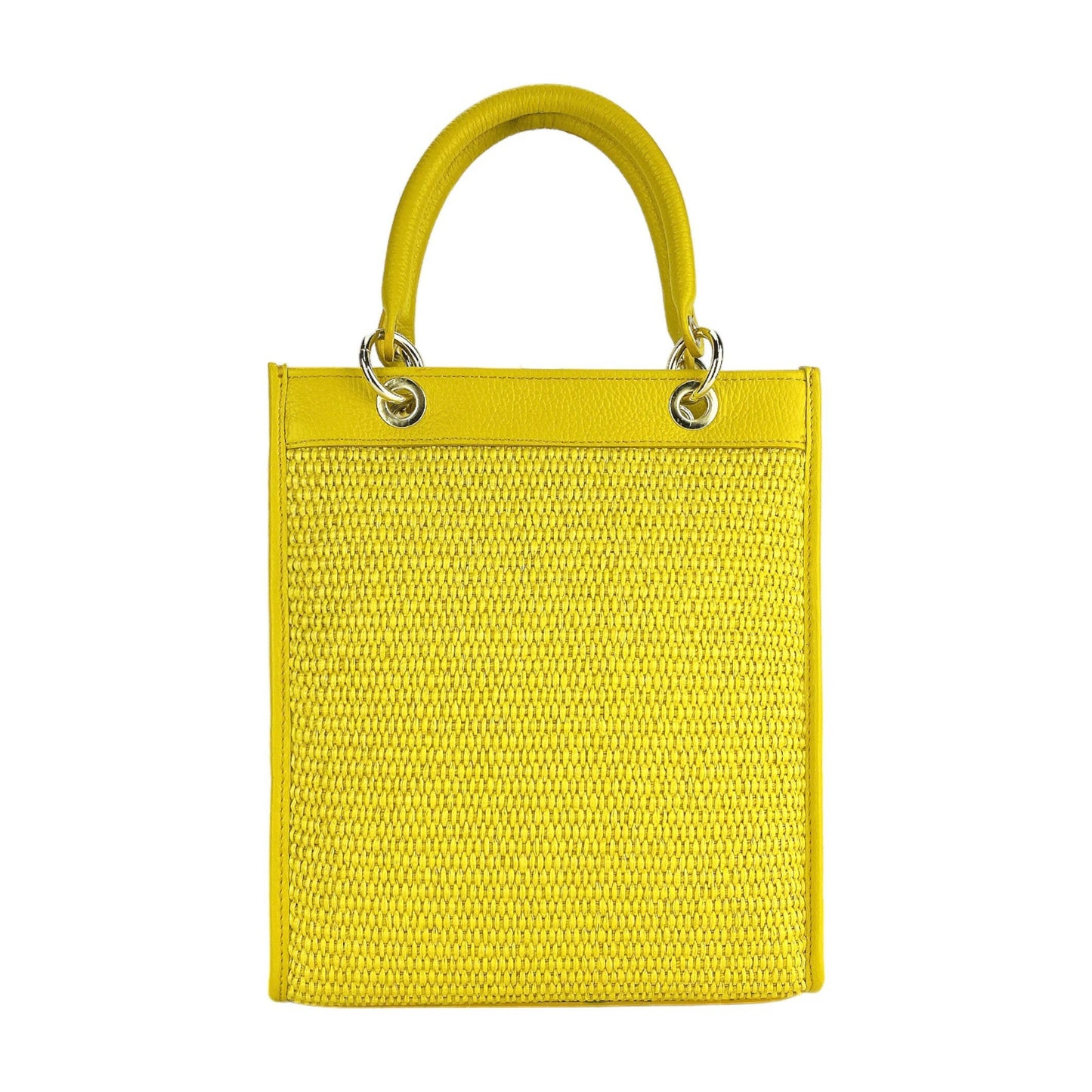 RB1026R | Vertical women's handbag in genuine leather and straw Made in Italy. Removable and adjustable leather shoulder strap. Polished Gold Accessories - Yellow Color - Dimensions: 24 x 29 x 9 cm-4