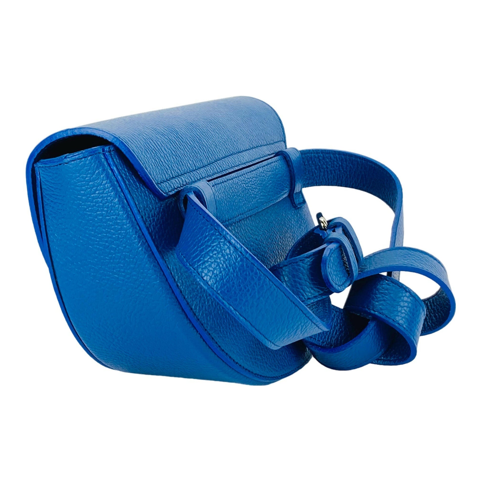 RB1027CH | Women's rounded crossbody bag in genuine leather Made in Italy. Removable and adjustable leather shoulder strap. Polished Nickel Accessories - Royal Blue Color - Dimensions: 25 x 15 x 9 cm-3