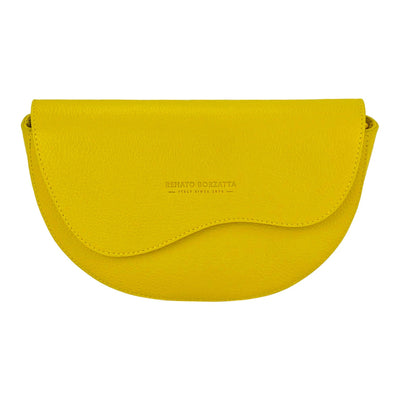 RB1027R | Women's rounded crossbody bag in genuine leather Made in Italy. Removable and adjustable leather shoulder strap. Polished Nickel Accessories - Yellow Color - Dimensions: 25 x 15 x 9 cm-1