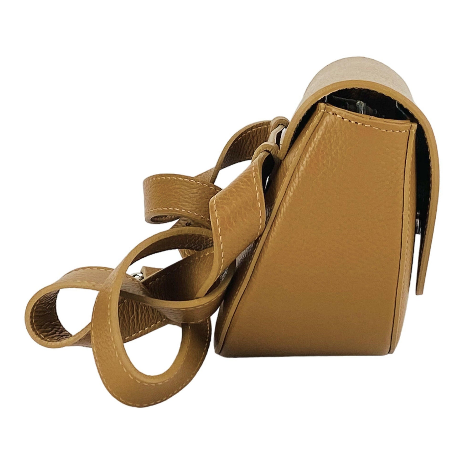 RB1027S | Women's rounded crossbody bag in genuine leather Made in Italy. Removable and adjustable leather shoulder strap. Accessories Polished Nickel - Cognac color - Dimensions: 25 x 15 x 9 cm-4