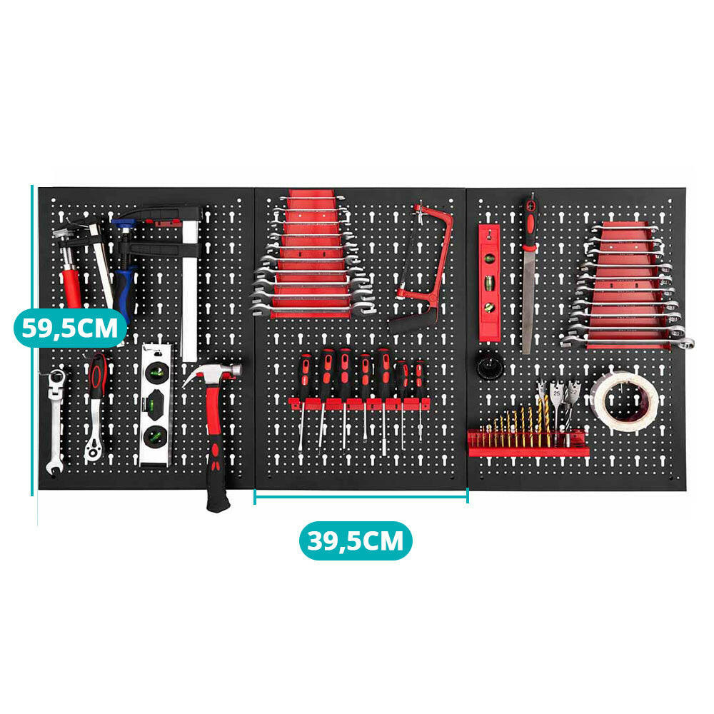 Panou metalic de perete pentru unelte cu carlige si rafturi-7